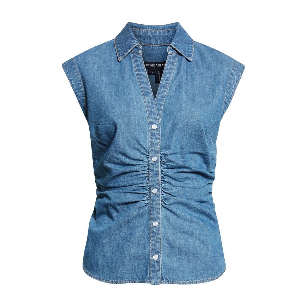 Veronica Beard Sera Ruched Denim Shirt Women 2 Blue Sleeveless Luxury Minimalist